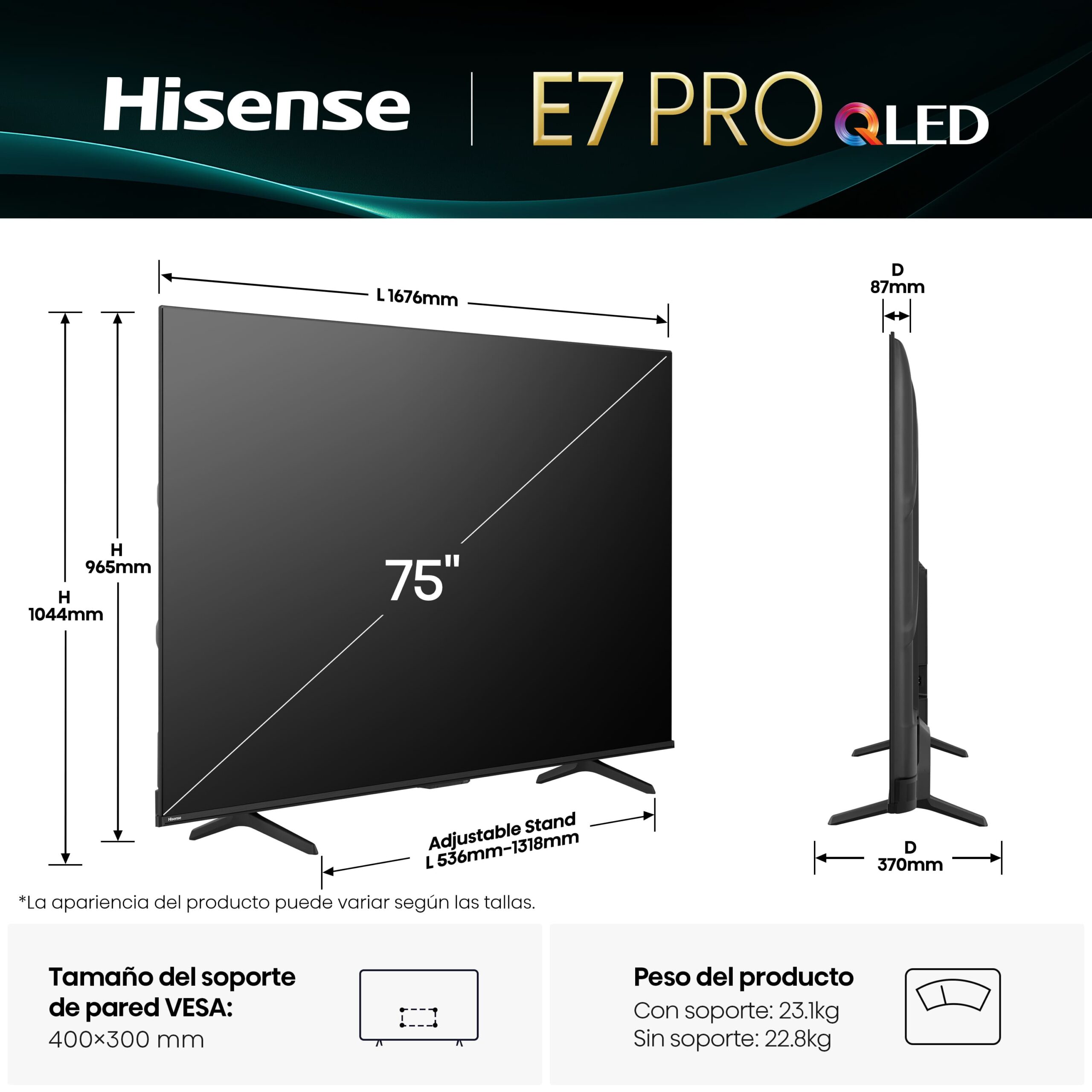 Hisense 75E7QPRO - Televisor Smart TV QLED 75" Pro Gaming HI-View IA Pro y Dolby Atmos - Imagen 2
