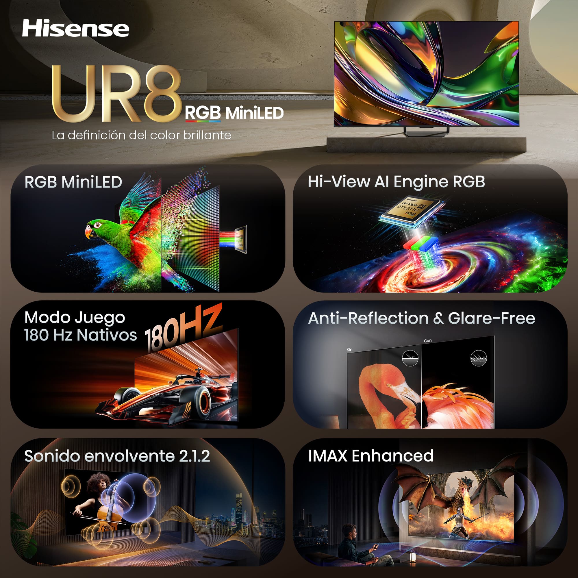 Hisense 65UR8S - TV 65" RGB MiniLED UHD 4K, 180Hz Nativos y Sonido Devialet